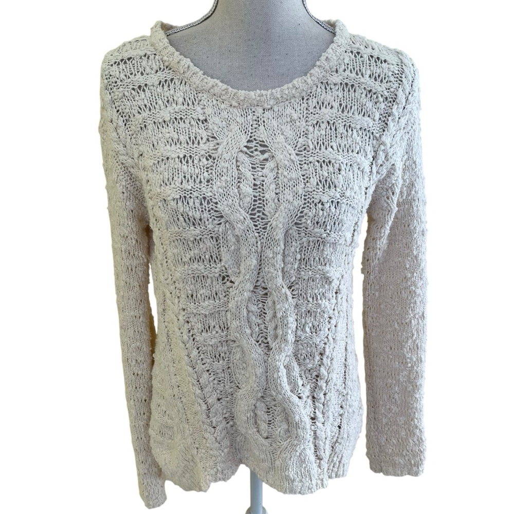 Anthropologie Moth Cream Hi-Lo Nubby Knit with Cable Detail Sweater S